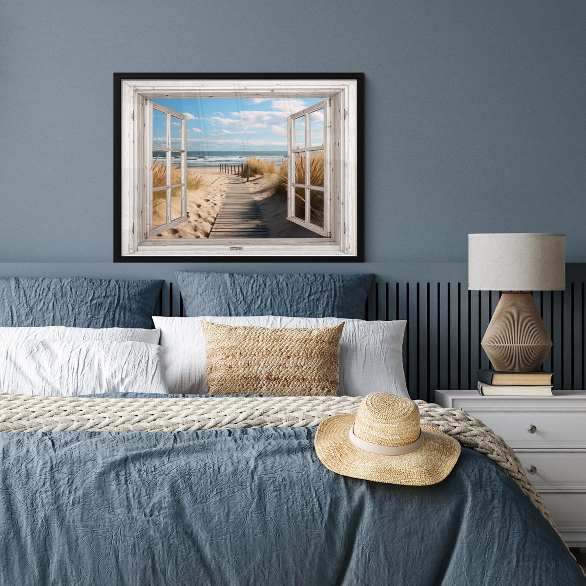 POSTER MIT RAHMENGERAHMTES BILD Fenster - Meer - Küste - Natur - Ausblick - Strand - Wattenmeer 80x60 cm - Beige, Papier (80/60cm) - MuchoWow