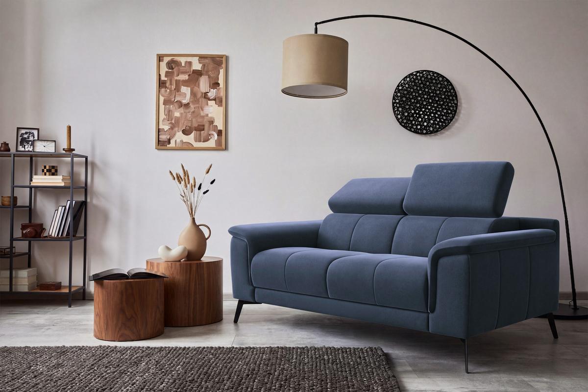 SOFA FIERO 2-Sitzer, Marineblauer Veloursstoff - Blau/Schwarz, Holz/Textil (170/82/103cm) - Courtois Laville