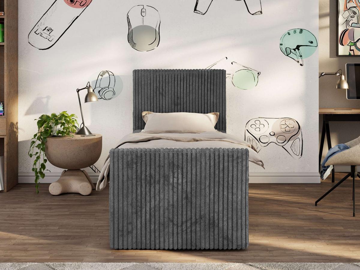 JUGENDBETT TILIO DUO 90/200 - Grau Cord - H4 - Links Seite - Grau, Textil (90/200cm) - MKS