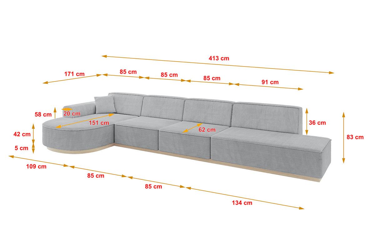 ECKSOFA Ottomane Links ARRIO-L3 - 413x171x83 cm Grau - Grau, Holzwerkstoff/Textil (413/171cm) - ALTDECOR