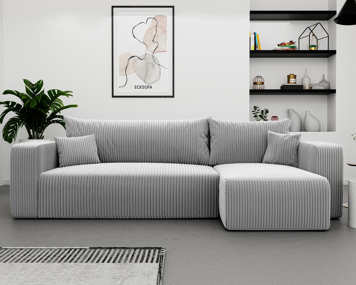 ECKSOFA Grau Cord-Stoff mit Bettkasten - Hellgrau, Textil (248/145cm) - Idohome
