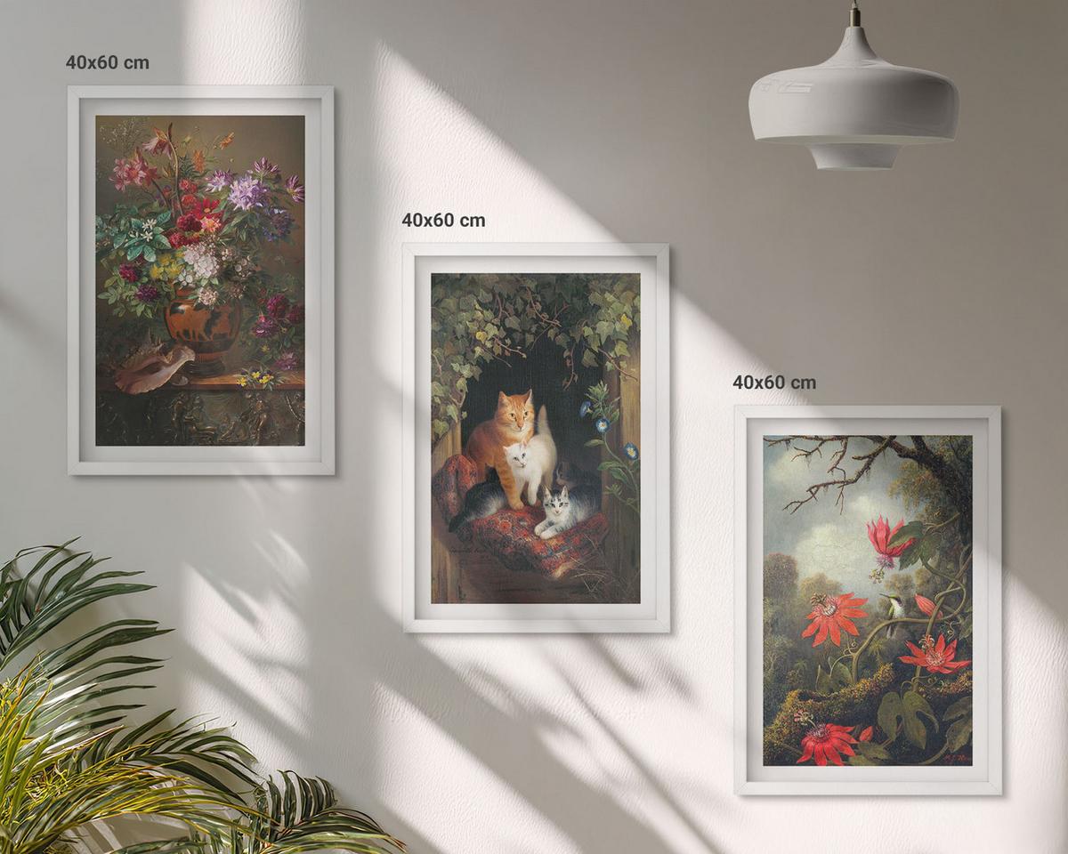 BILDER SET 3er Set - 40x60 cm Weißer Rahmen - Vintage-Blumen, Katzen, Natur - Weiß, Kunststoff (40/60cm) - TULUP