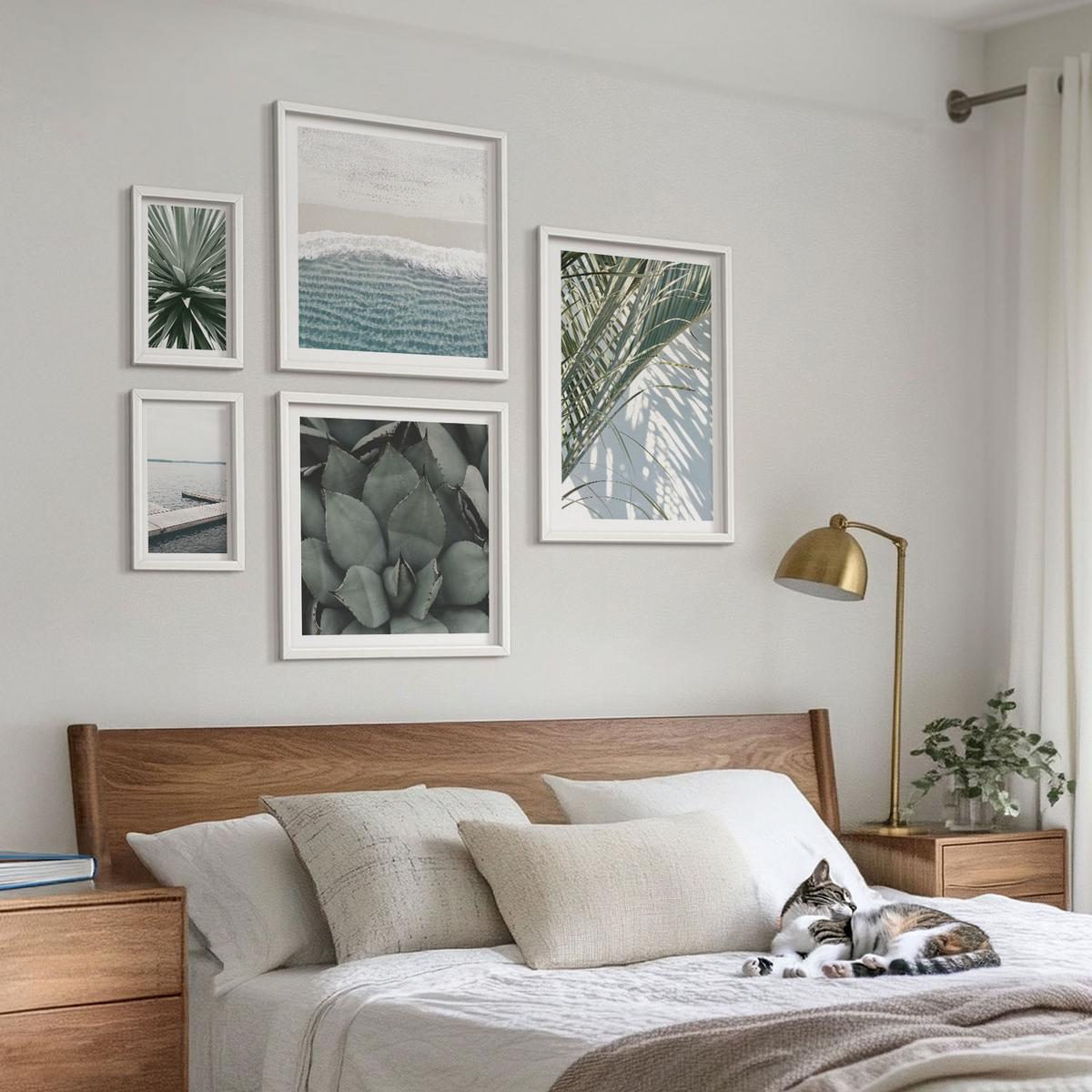 BILDER SET 5er Set - 50x50 cm & 20x30 cm & 40x60 cm Weißer Rahmen - Hängebrücke aus Palmenblättern - Weiß, Kunststoff (40/60cm) - TULUP