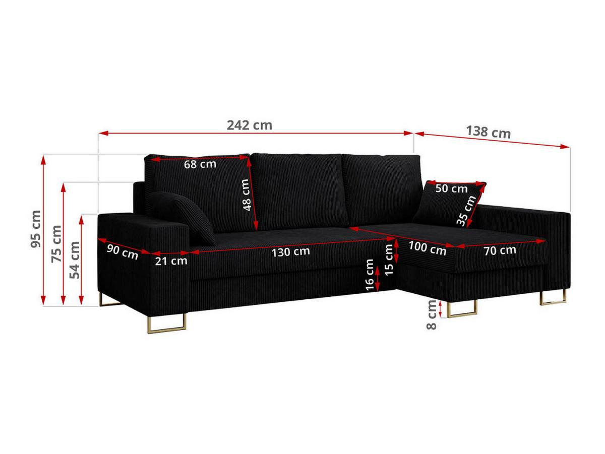 ECKSOFA Dorian Cord Schwarz - Goldfarben/Schwarz, Textil/Metall (242/138cm) - MKS