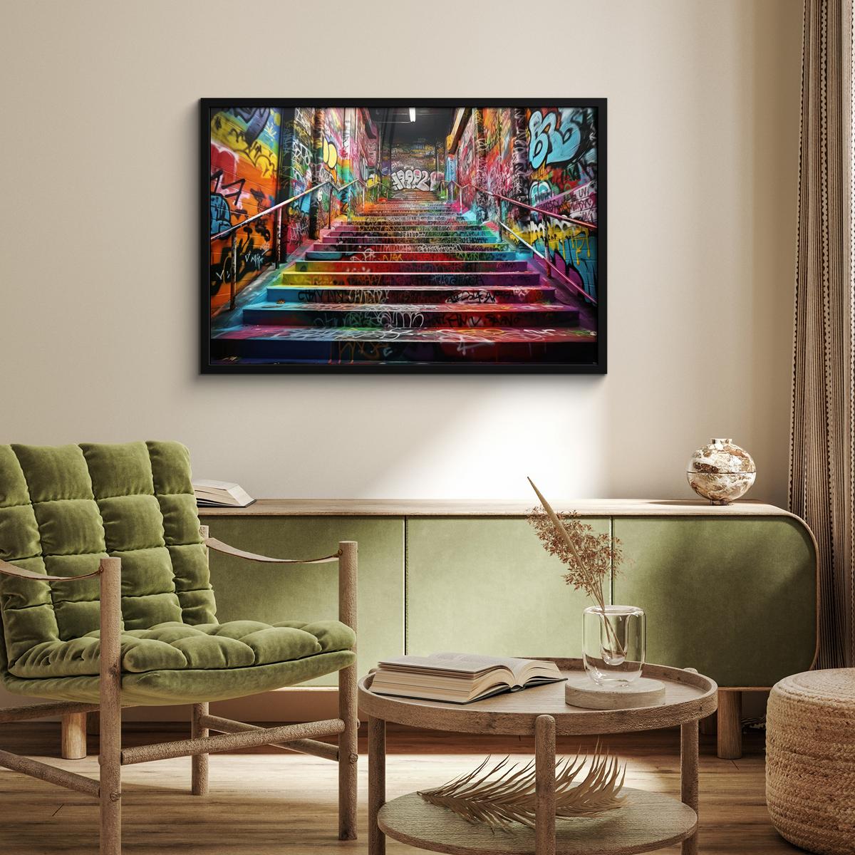 POSTER MIT RAHMENGERAHMTES BILD Treppe - Graffiti - Farben - Kunst 90x60 cm - Multicolor, Papier (90/60cm) - MuchoWow