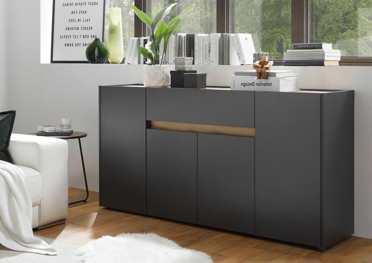 SIDEBOARD grau matt, Eiche Wotan 170 x 87 cm, Kommode 4-türig - Eiche Wotan/Schwarz, Holzwerkstoff/Kunststoff (170/87/40cm) - Furn.Design
