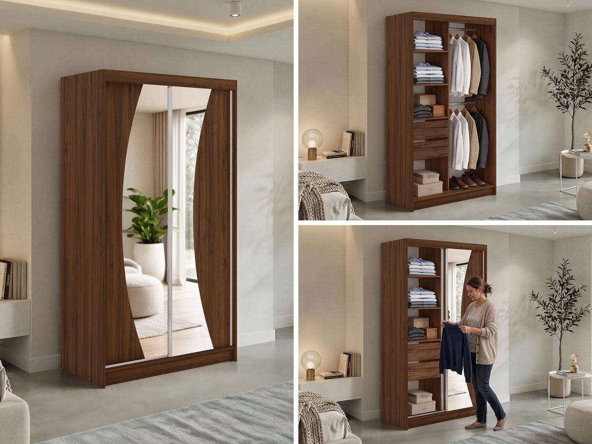 SCHWEBETÜRENSCHRANK mit Schubladen 120 - VERONA - Warmia Walnuss mit Spiegel - Walnussfarben/Alufarben, Holzwerkstoff/Metall (120/216/61cm) - MKS