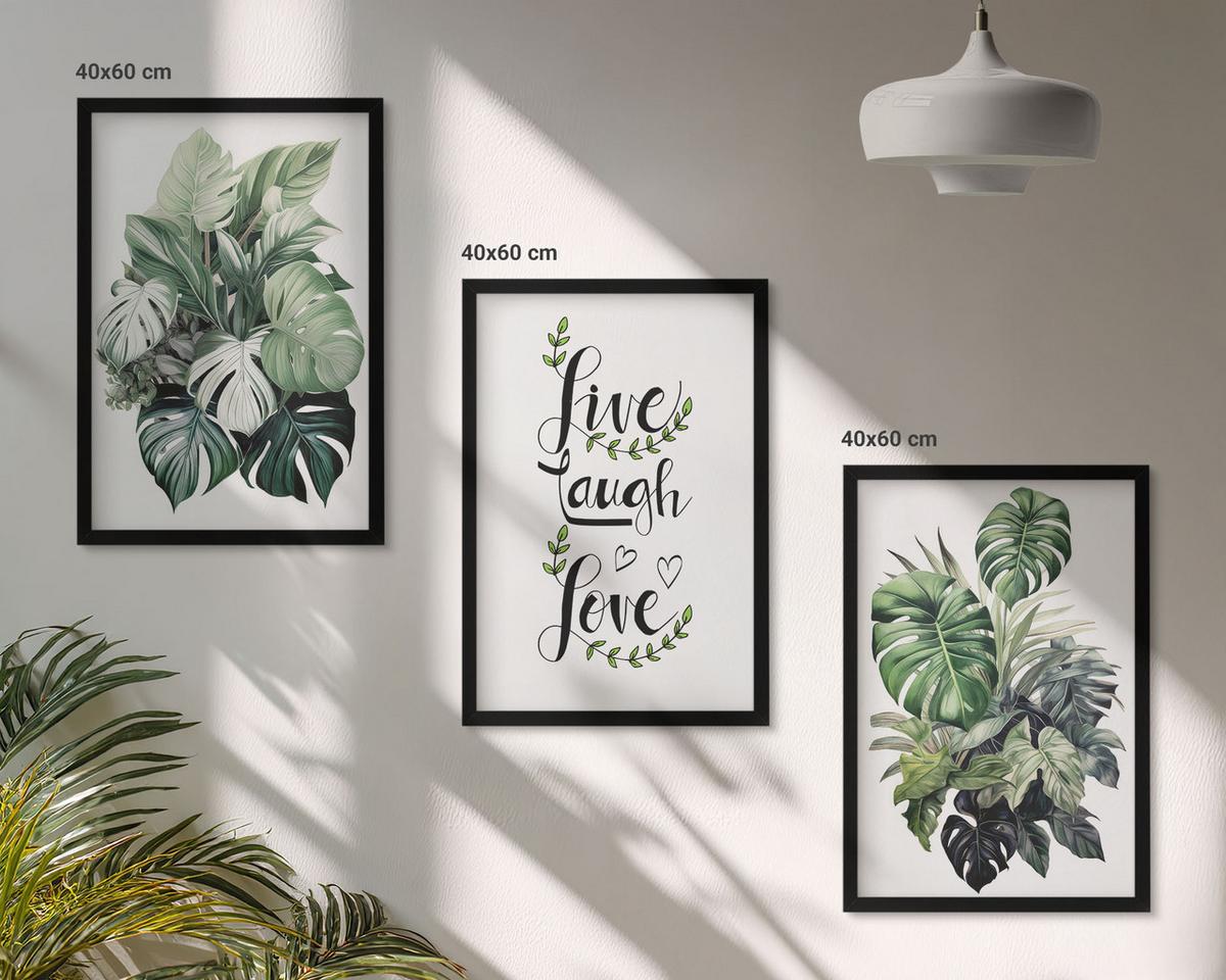 BILDER SET 3er Set - 40x60 cm Schwarzer Rahmen - Blattpflanzen leben, lachen, lieben - Schwarz, Kunststoff (40/60cm) - TULUP