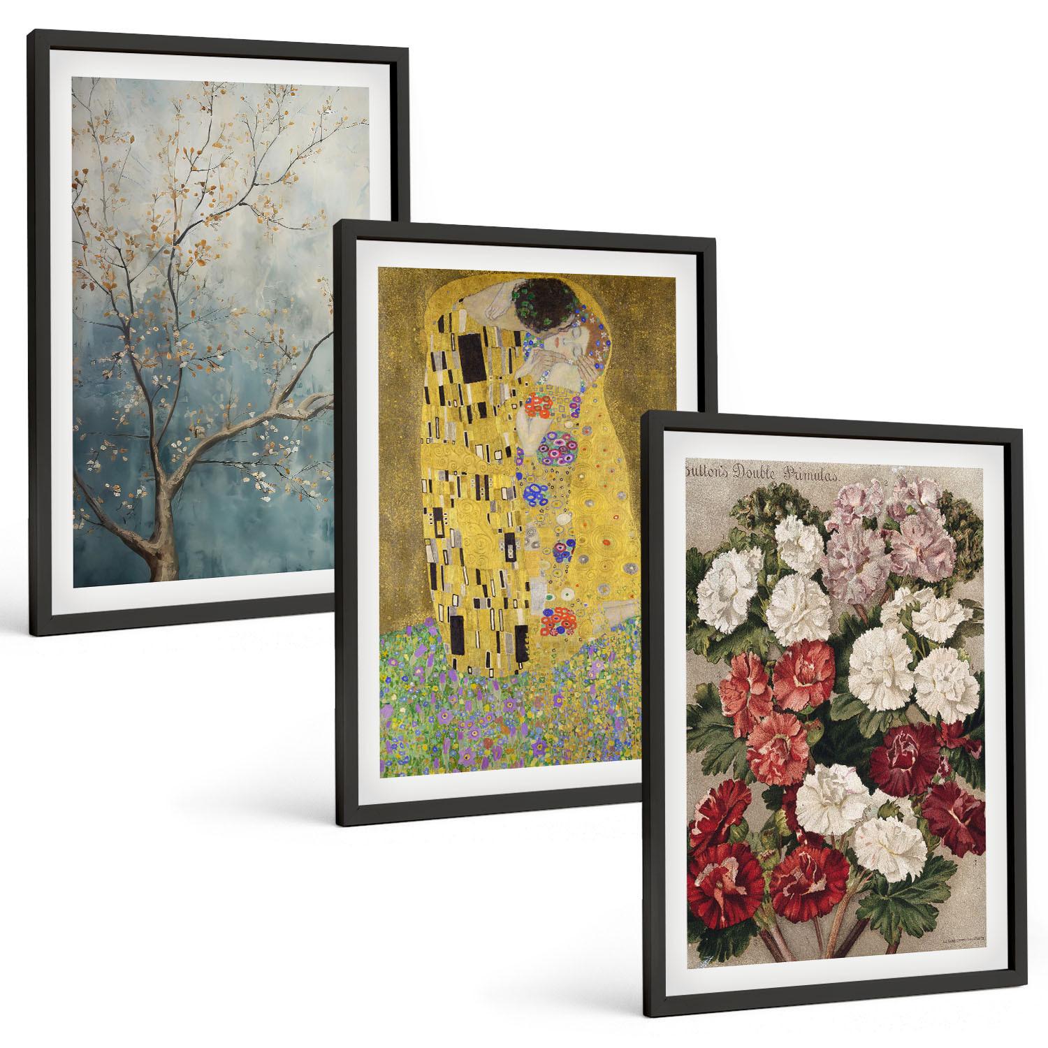 BILDER SET 3er Set - 40x60 cm Schwarzer Rahmen - Blumen des Baumes (Gemälde von Klimt) - Schwarz, Kunststoff (40/60cm) - TULUP