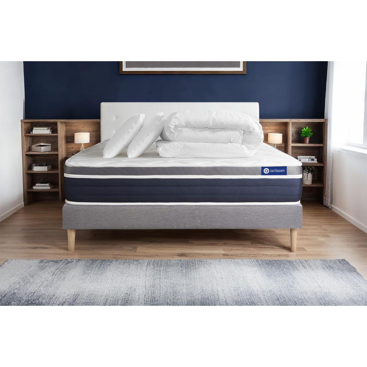 BETT Actimemo confort Memory-Schaum 160 x 200 cm h2 - Kit Bettgestell Grau - Mit Kissen und Bettdecke - Beige/Grau, Karton/Holz (160/200cm) - ACTISOM