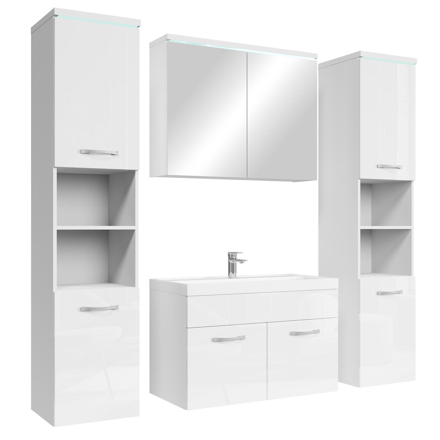 BADMÖBEL-SET Paso LED 5 Teile Weiß Hochglanz - 80 x 35 x 55 cm - Weiß, Holz (80/55/40cm) - Badplaats
