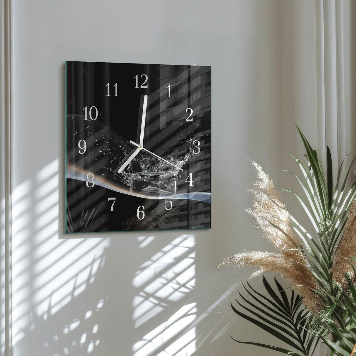 WANDUHR aus Glas 30x30 cm - Wasser - Schwarz, Glas (30/30/0.4cm) - TULUP