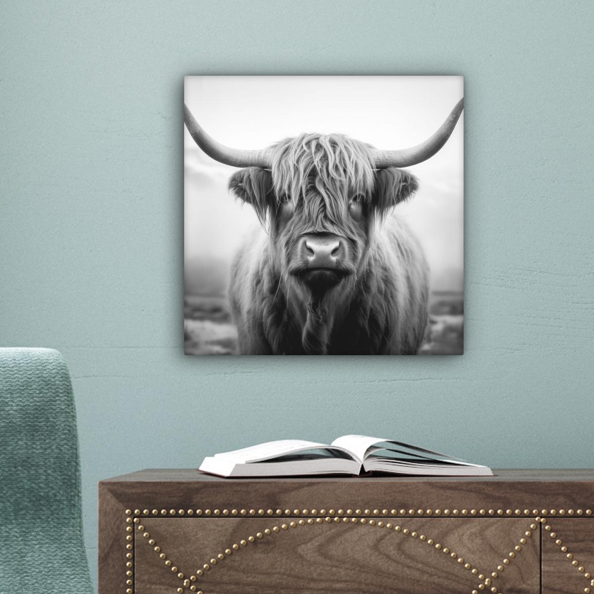LEINWANDBILD Schottischer Highlander - Nebel - Schwarz - Weiß Deko Wohnzimmer 20x20 cm - Grau, Textil (20/20cm) - MuchoWow