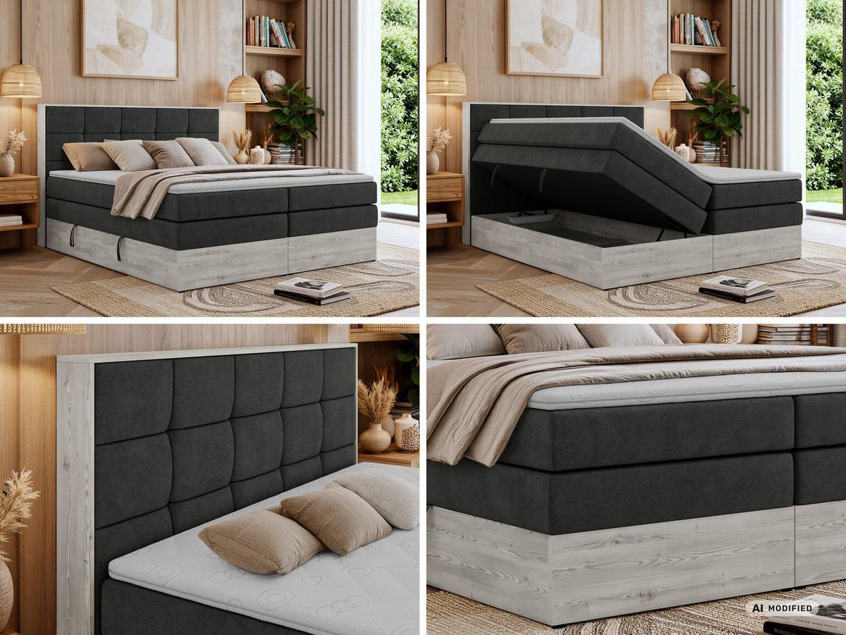 BOXSPRINGBETT ALNOR KING 200/200 - Dunkelgrau Stukture - Topper Visco - H4 - Dunkelgrau/Schwarz, Kunststoff/Textil (200/200cm) - MKS
