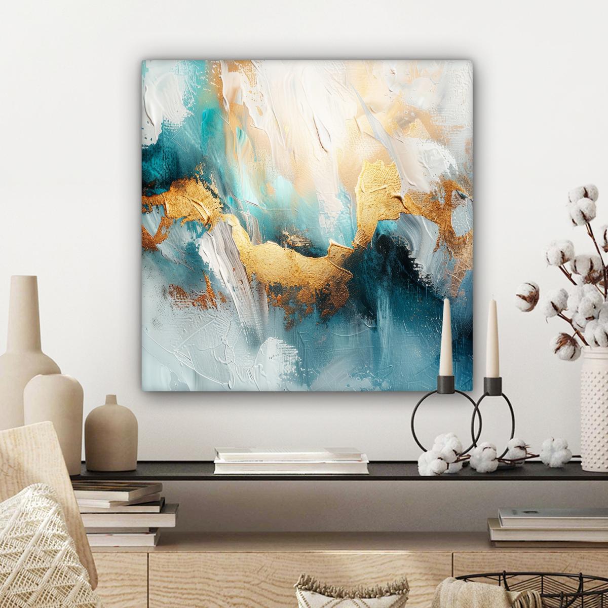 LEINWANDBILD Abstrakt - Kunst - Gold - Blau Wandbild Wohnzimmer 50x50 cm - Petrol, Textil (50/50cm) - MuchoWow