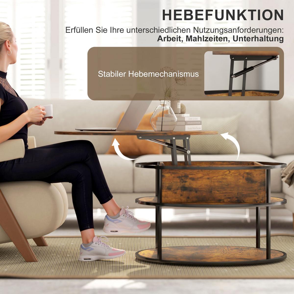 COUCHTISCH höhenverstellbar Wohnzimmertisch mit Ablagefläche, Braun - Braun, Metall (80/80/61.5cm) - HOMCOM