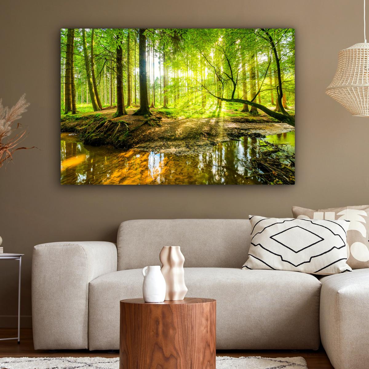 LEINWANDBILD Wald - Landschaft - Wasser - Bäume - Sonne - Grün - Natur Groß 140x90 cm - Grün, Textil (140/90cm) - MuchoWow