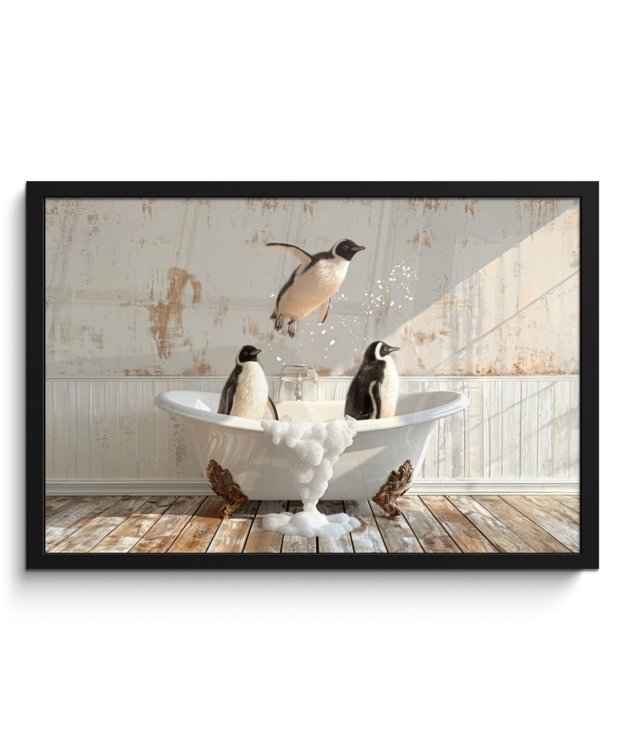 POSTER MIT RAHMEN Vintage - Pinguin - Badewanne - Schaumstoff 60x40 cm - Schwarz, Papier (60/40cm) - MuchoWow