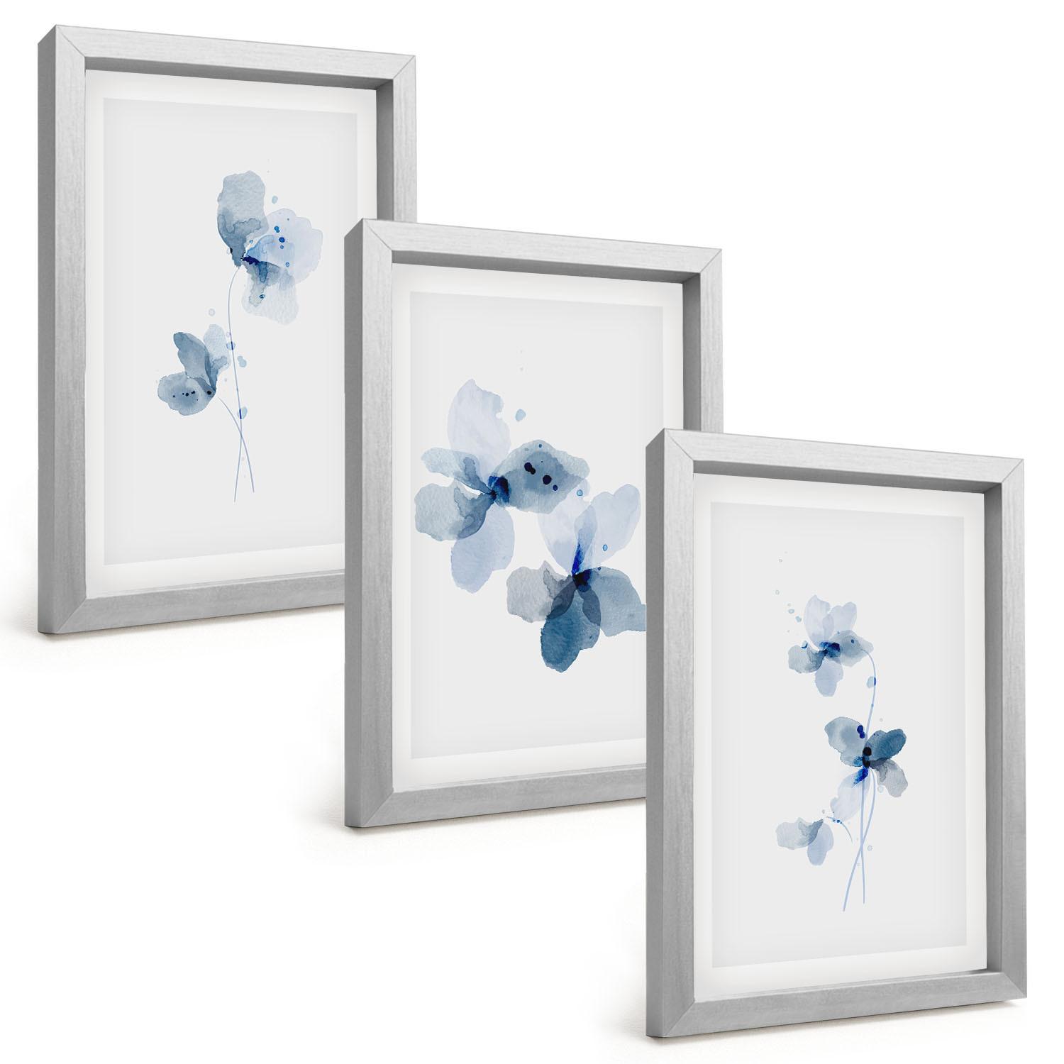 BILDER SET 3er Set - 20x30 cm Silberner Rahmen - Blaue Blumen - Silberfarben, Kunststoff (20/30cm) - TULUP