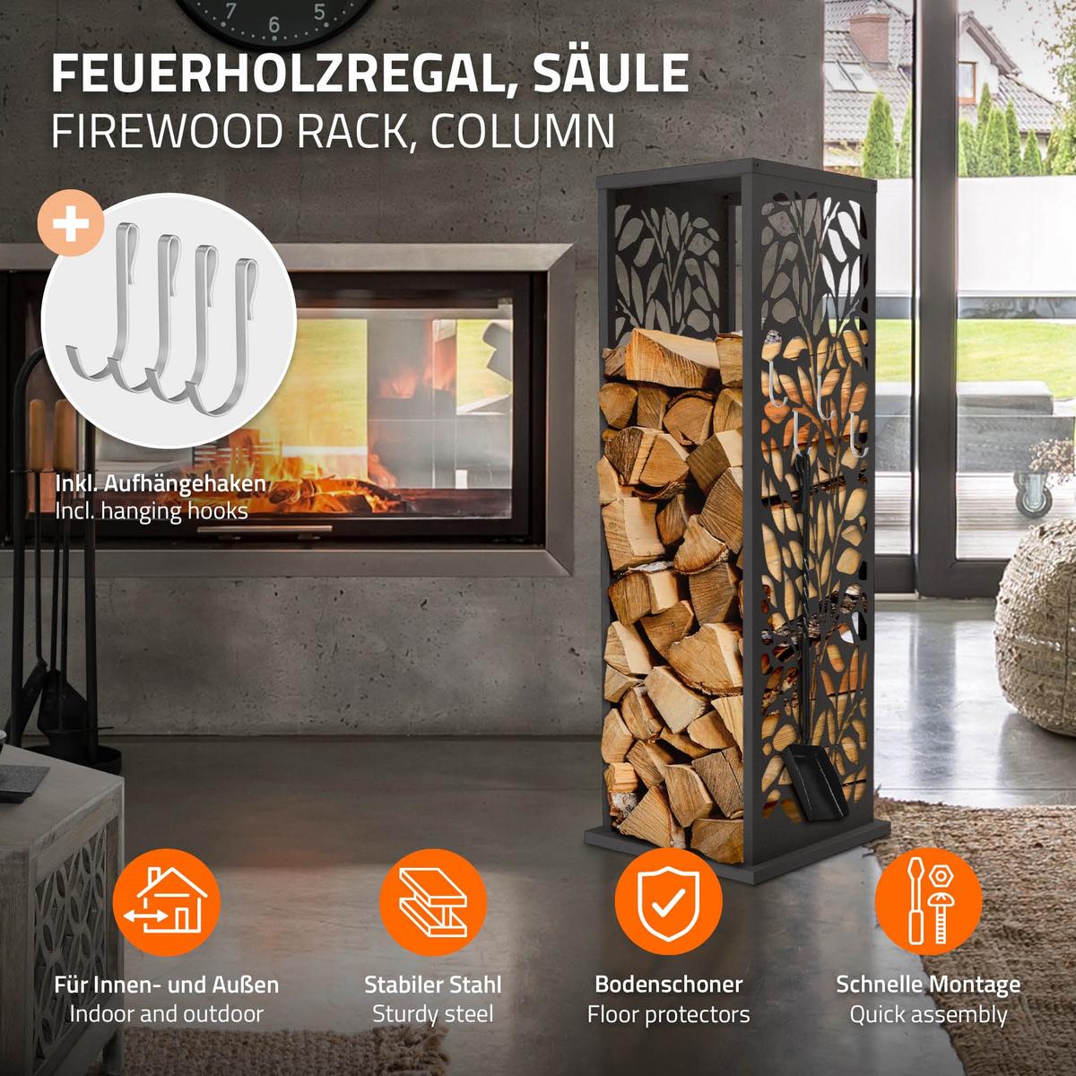 KAMINHOLZREGAL Innen Außen Brennholzregal 37,5x37,5x112 cm Stahl Verzinkt Anthrazit Blätter-Motiv - Anthrazit, Metall (37.5/112/37.5cm) - ML-DESIGN
