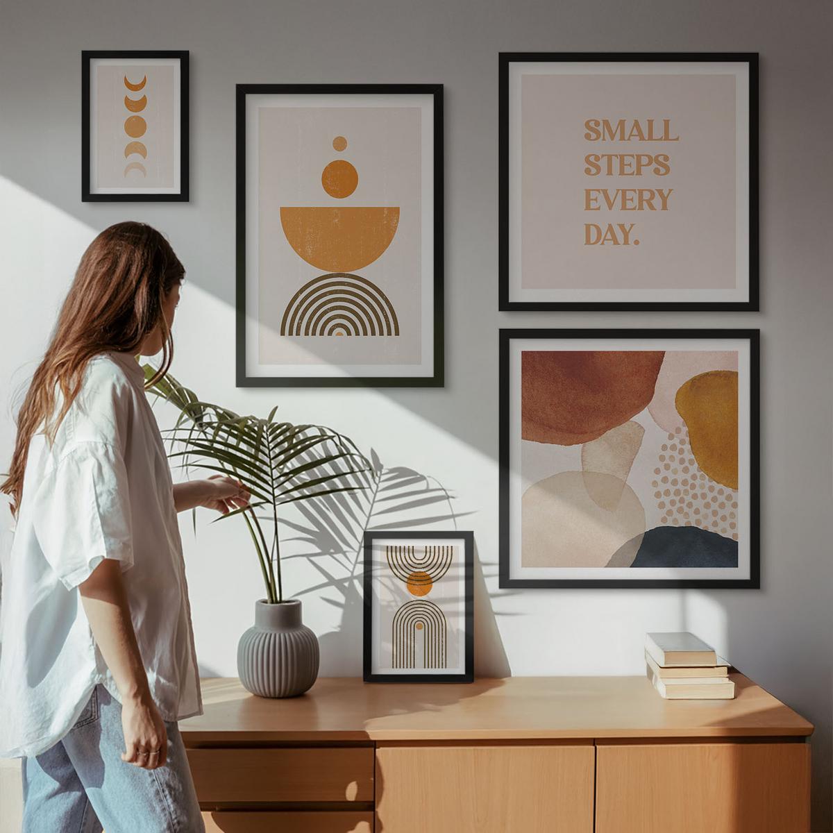 BILDER SET 5er Set - 50x50 cm & 20x30 cm & 40x60 cm Schwarzer Rahmen - Boho-minimalistische Dekorationen - Schwarz, Kunststoff (40/60cm) - TULUP