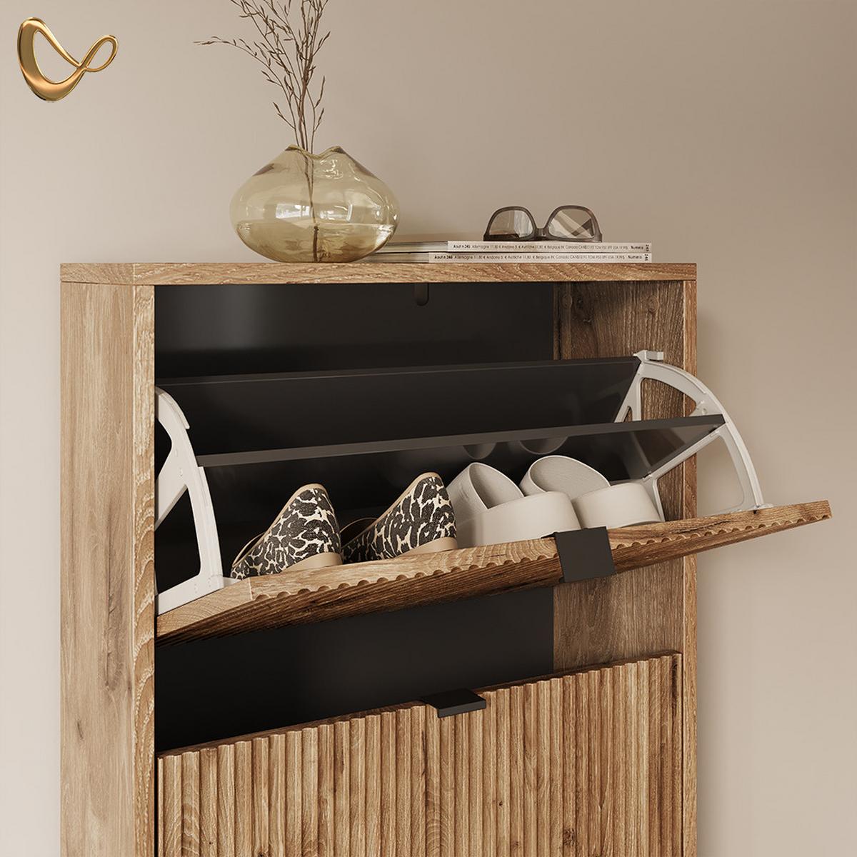 SCHUHKIPPER Aterno Viking Oak 60 x 130 cm mit 3 Klappschubladen - Eichefarben, Holzwerkstoff (60/130/24cm) - Livinity®