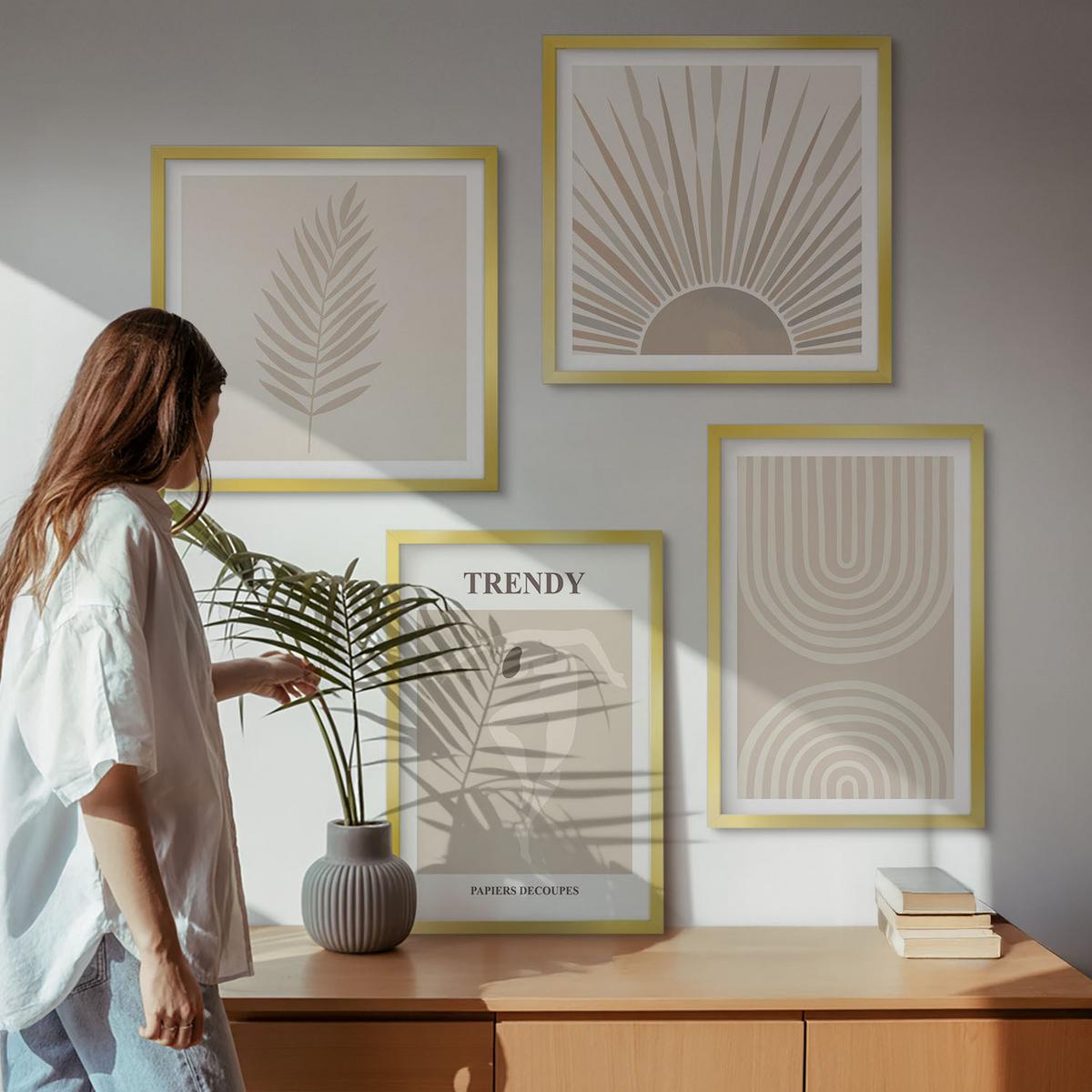 BILDER SET 4er Set - 50x50 cm & 40x60 cm Goldrahmen - Abstrakte Poster im Boho-Stil in Pastellfarben - Goldfarben, Kunststoff (50/50cm) - TULUP