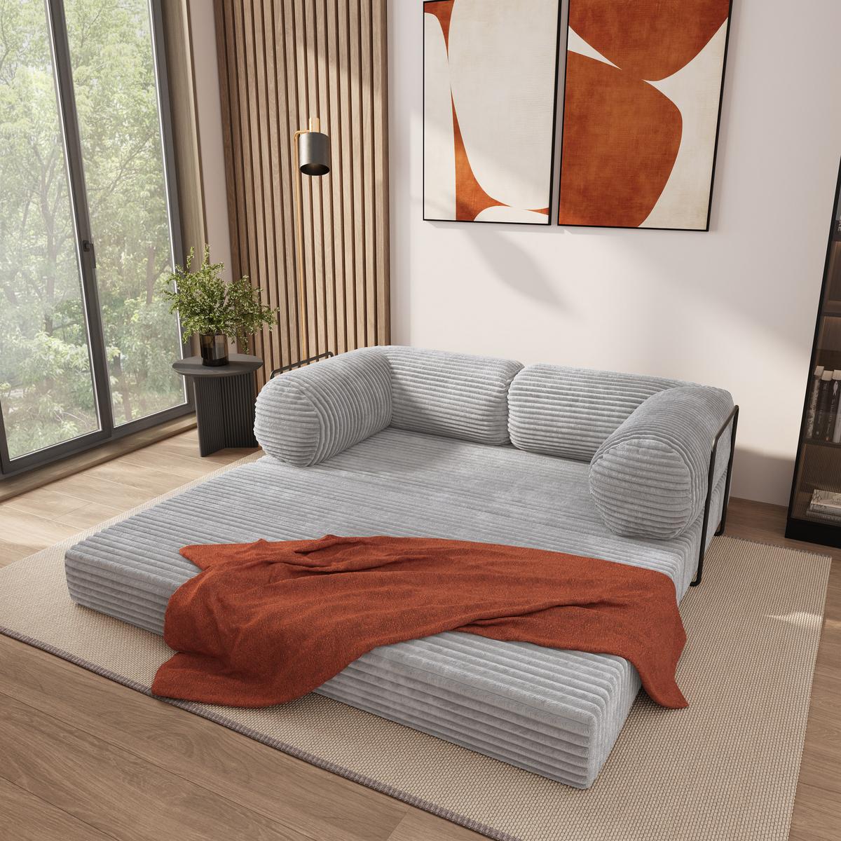 BETTSOFA ALVIO aus Schaumstoff Kordstoff Hellgrau Schlaffunktion - Grau, Textil (170/68/80cm) - MASSENO