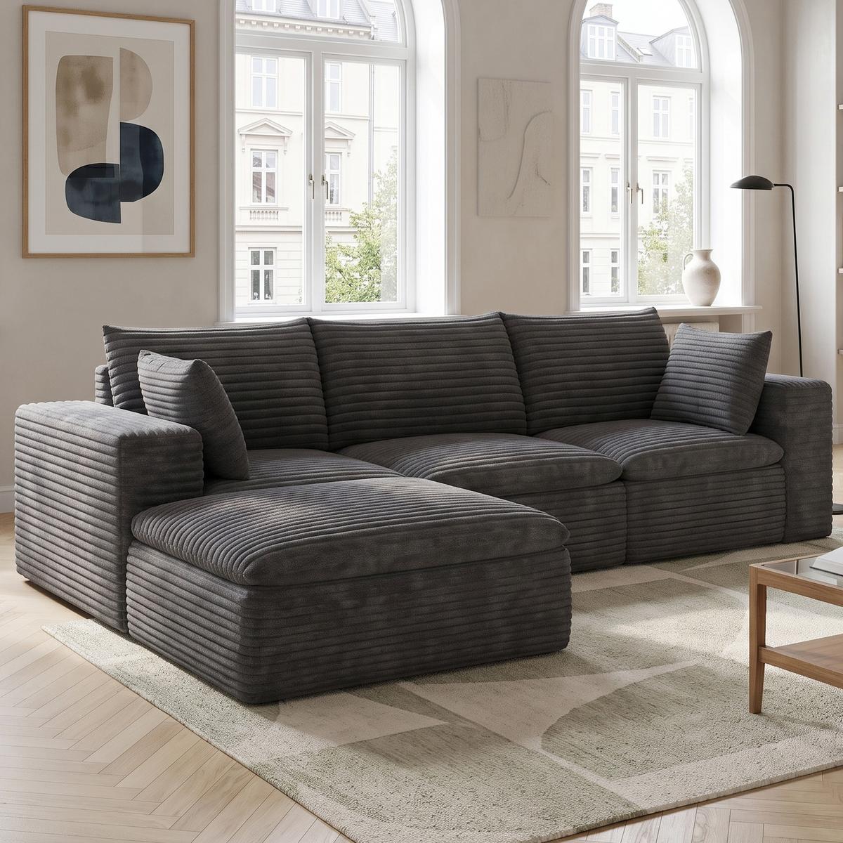 ECKSOFA 260cm L-Form Cord 4-Sitzer ohne Montage - Dunkelgrau, Textil (260/160cm) - Urban Meuble