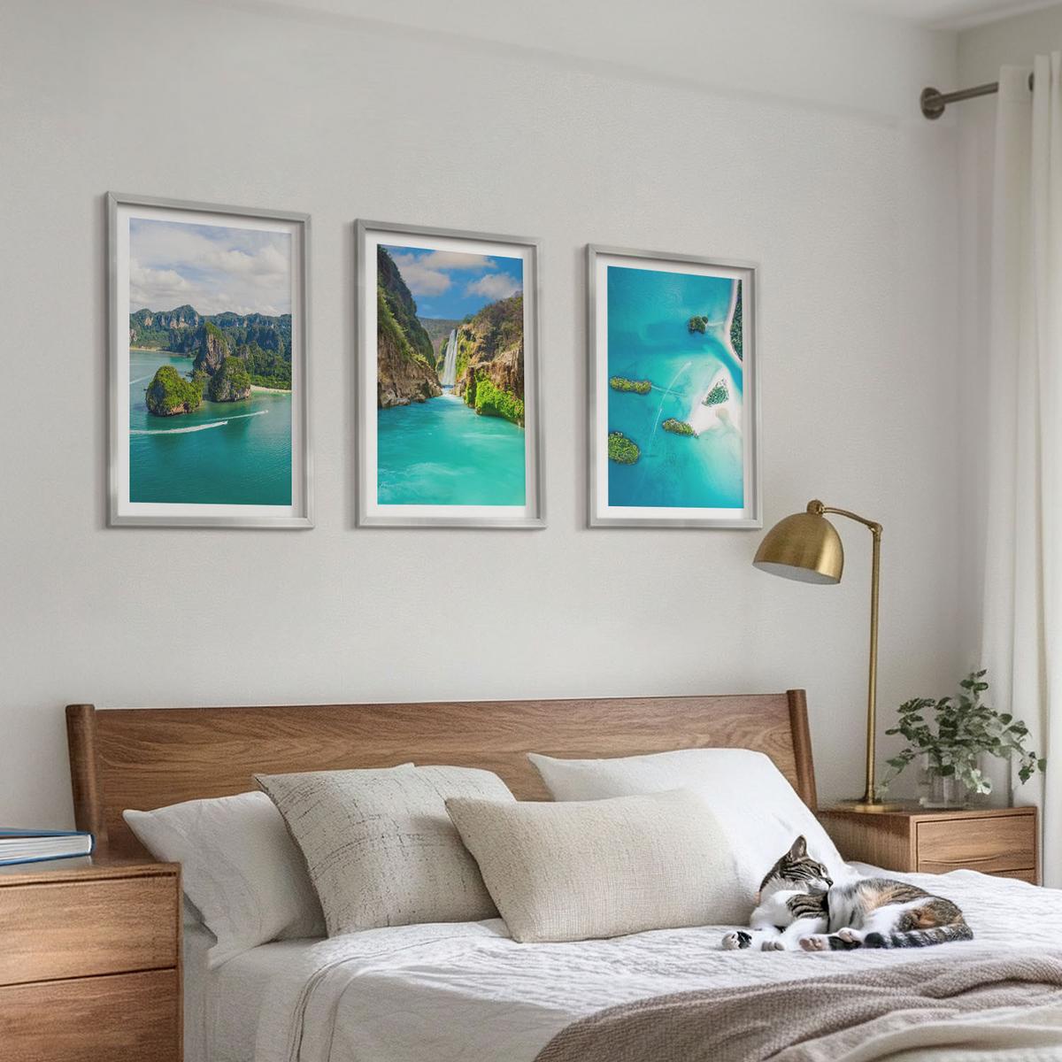 BILDER SET 3er Set - 40x60 cm Silberner Rahmen - Tropische Inseln, türkisfarbenes Wasser - Silberfarben, Kunststoff (40/60cm) - TULUP