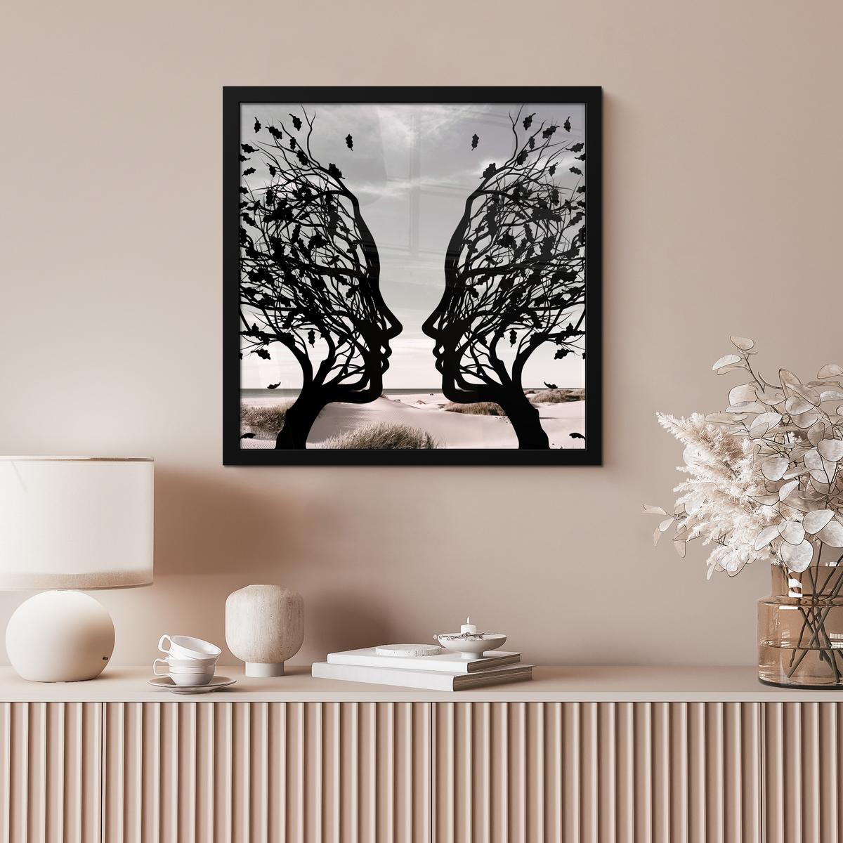 POSTER MIT RAHMENGERAHMTES BILD Strand - Meer - Menschen - Baum - Moderne Kunst 40x40 cm - Hellgrau, Papier (40/40cm) - MuchoWow