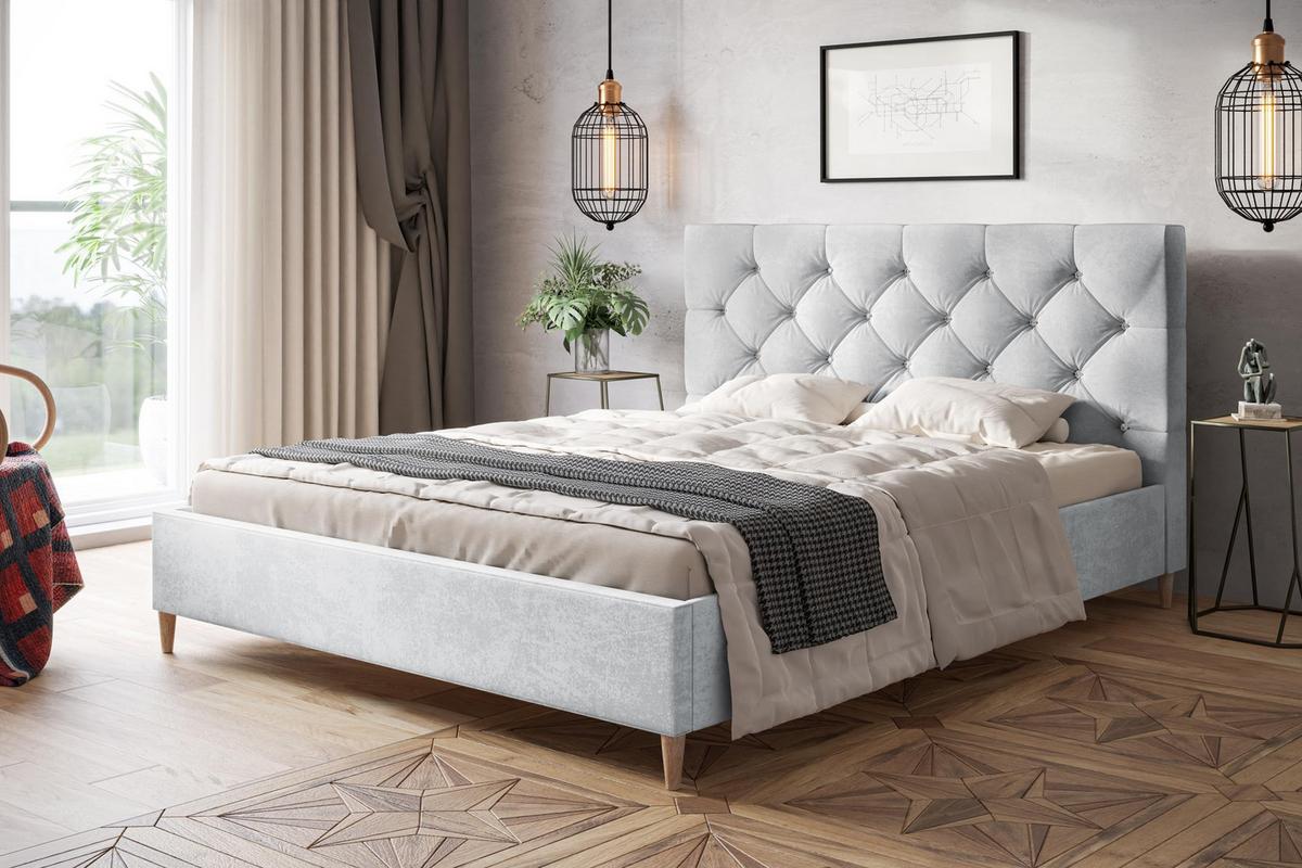 POLSTERBETT LUX Boston mit Kopfteil, 140 x 200 cm, Doppelbett mit Lattenrost aus Holz, Velourstoff Hellgrau, Füße in Farbe: Braun - Hellgrau, Holz/Textil (140/200cm) - Alpi-Möbel