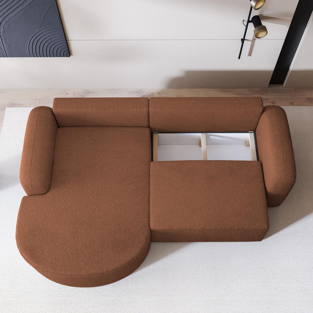 ECKSOFA AMILIA L-S Kupferfarben Boucle-Stoff mit Schlaffunktion - Kupferfarben, Holz (263/174cm) - MASSENO