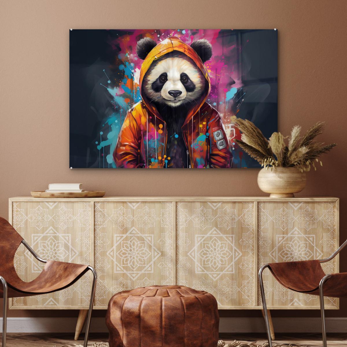 ACRYLGLASBILD Panda - Jacke - Graffiti - Orange Wandbild Schlafzimmer 120x80 cm - Orange, Glas (120/80cm) - MuchoWow