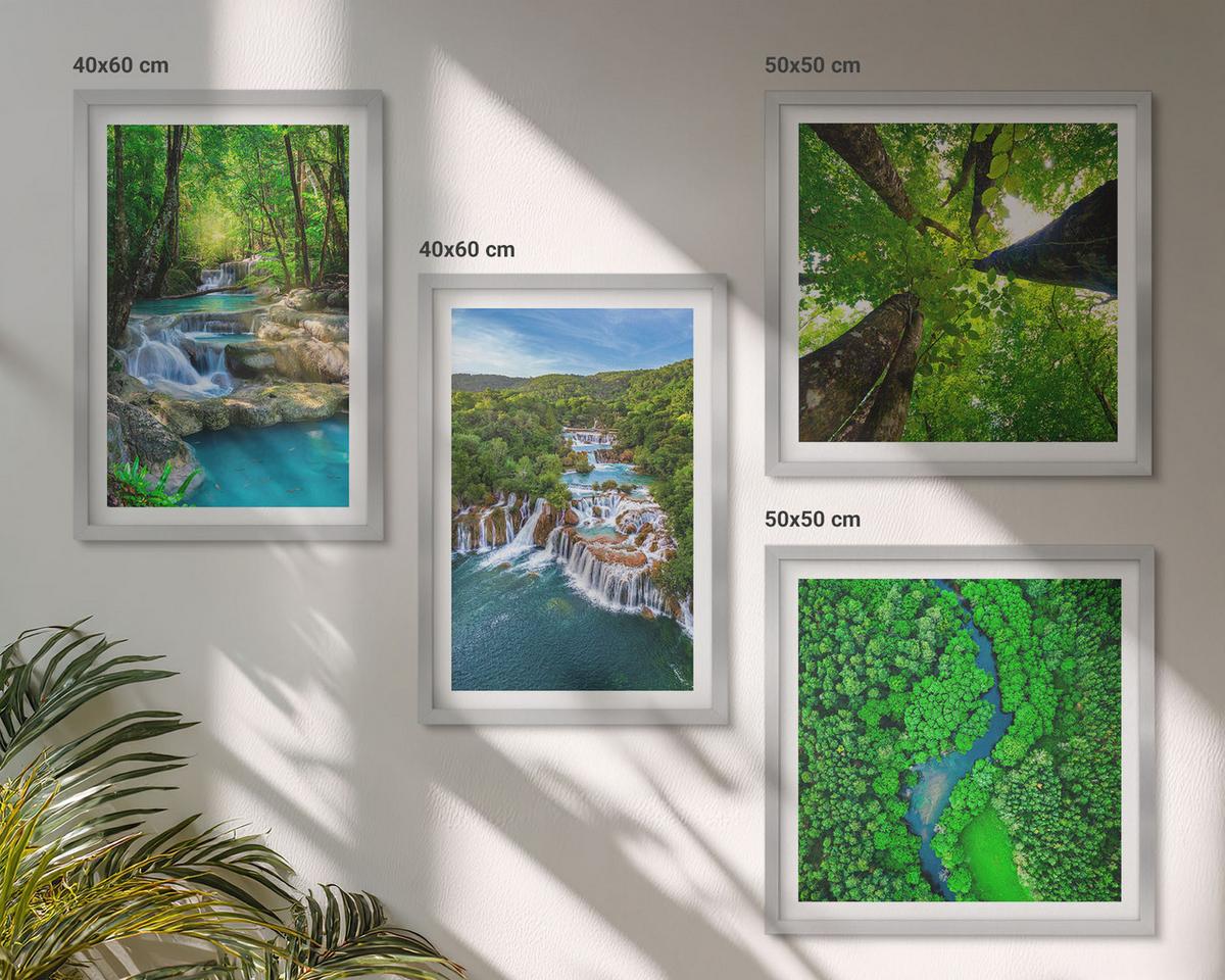 BILDER SET 4er Set - 50x50 cm & 40x60 cm Silberner Rahmen - Wasserfälle grüner Wald Wasser - Silberfarben, Kunststoff (50/50cm) - TULUP