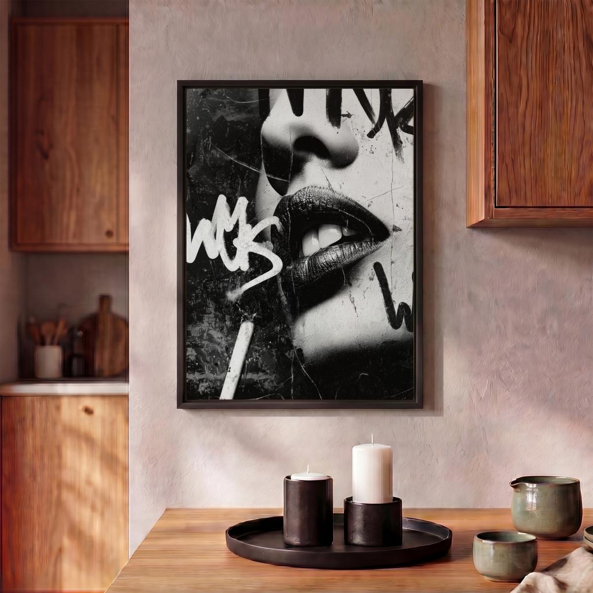 LEINWAND Bilder mit Rahmen - Gesicht - Mund - Graffiti - Schwarz - 30x40 - Schwarz, Textil (30/40cm) - MuchoWow