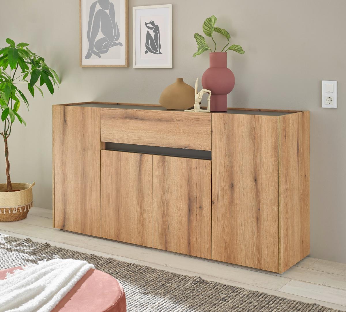SIDEBOARD Evoke Eiche, grau 170 cm, Kommode mit viel Stauraum - Eichefarben/Schwarz, Holzwerkstoff/Kunststoff (170/87/40cm) - Furn.Design