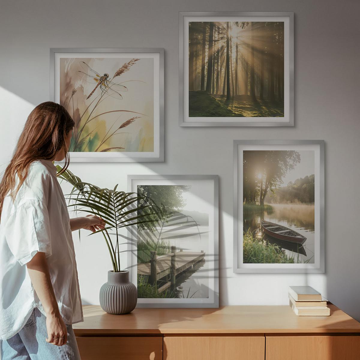 BILDER SET 4er Set - 50x50 cm & 40x60 cm Silberner Rahmen - See, Wald, Boot, Morgennebel - Silberfarben, Kunststoff (50/50cm) - TULUP