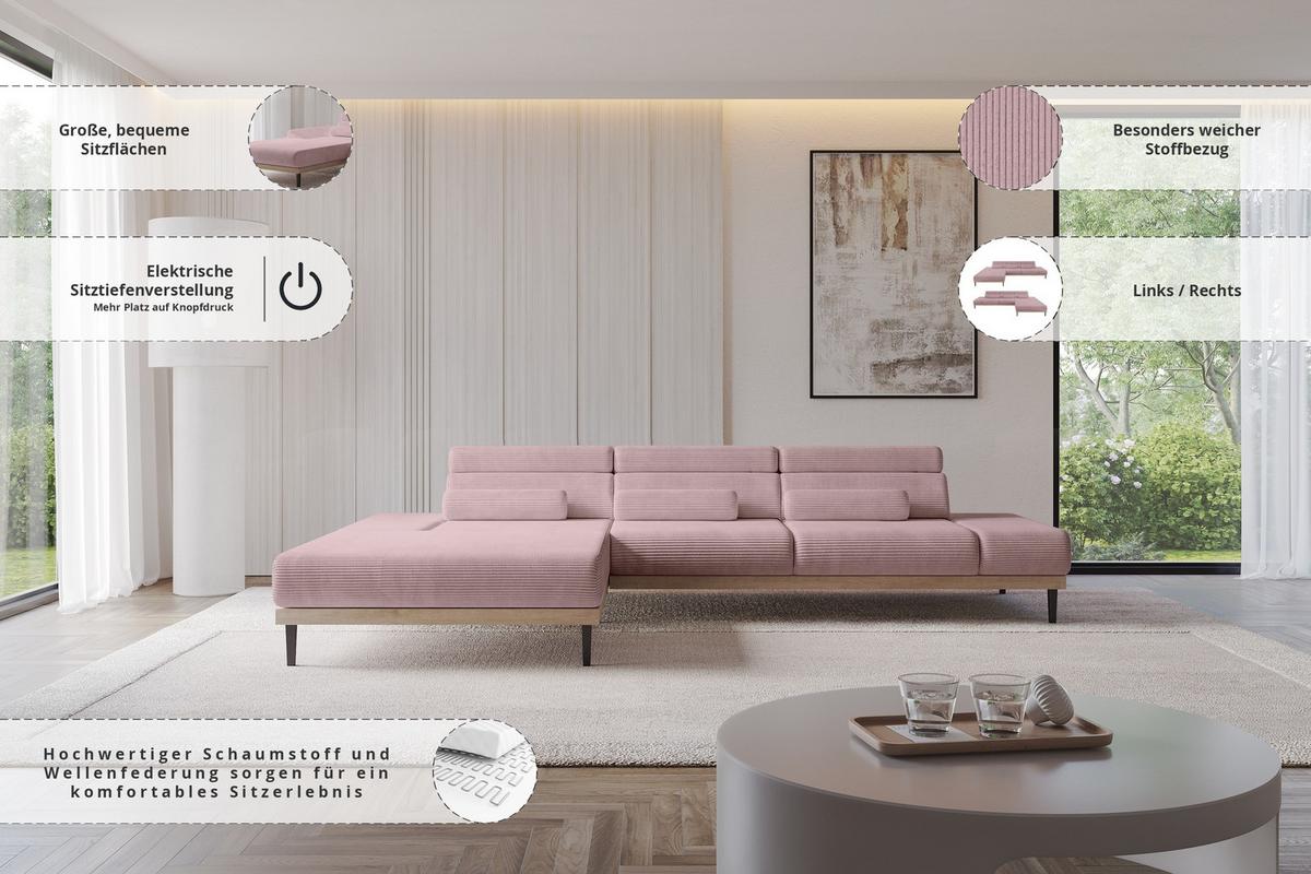 ELEKTRISCHES ECKSOFA Links MONA 316x205x85 Rosa Cord - Rosa, Holzwerkstoff/Textil (316/205cm) - ALTDECOR