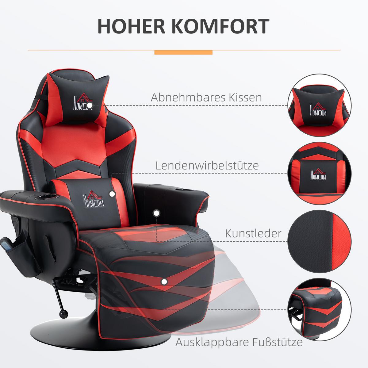 RELAXSESSEL mit Massagefunktion, Elektrisch Fernsehsessel mit Liegefunktion - Rot/Schwarz, Leder/Metall (80/111.5/78cm) - HOMCOM