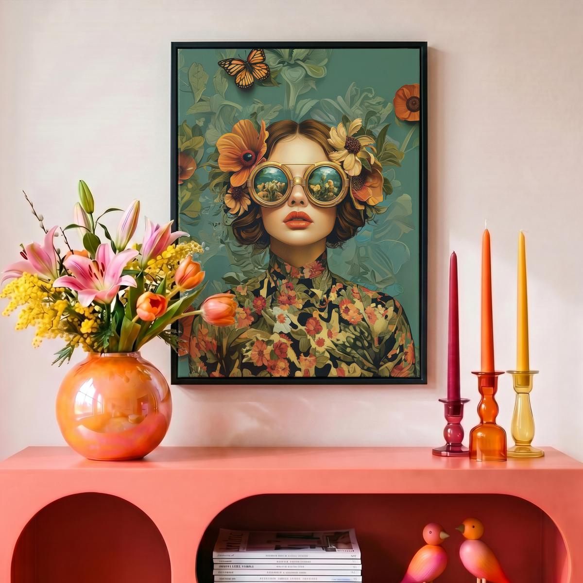 LEINWAND Bilder mit Rahmen - Frau - Blumen - Schmetterlinge - Natur - Vintage - 30x40 - Salbeigrün, Textil (30/40cm) - MuchoWow