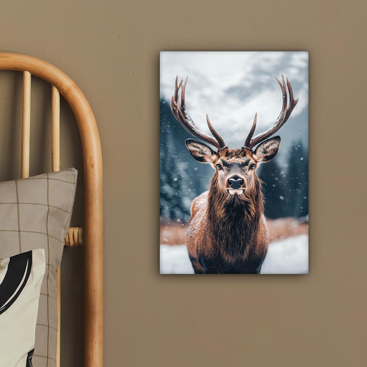 LEINWANDBILD Hirsche - Tiere - Landschaft - Winter - Schnee Deko Wohnzimmer 20x30 cm - Kastanienfarben, Textil (20/30cm) - MuchoWow
