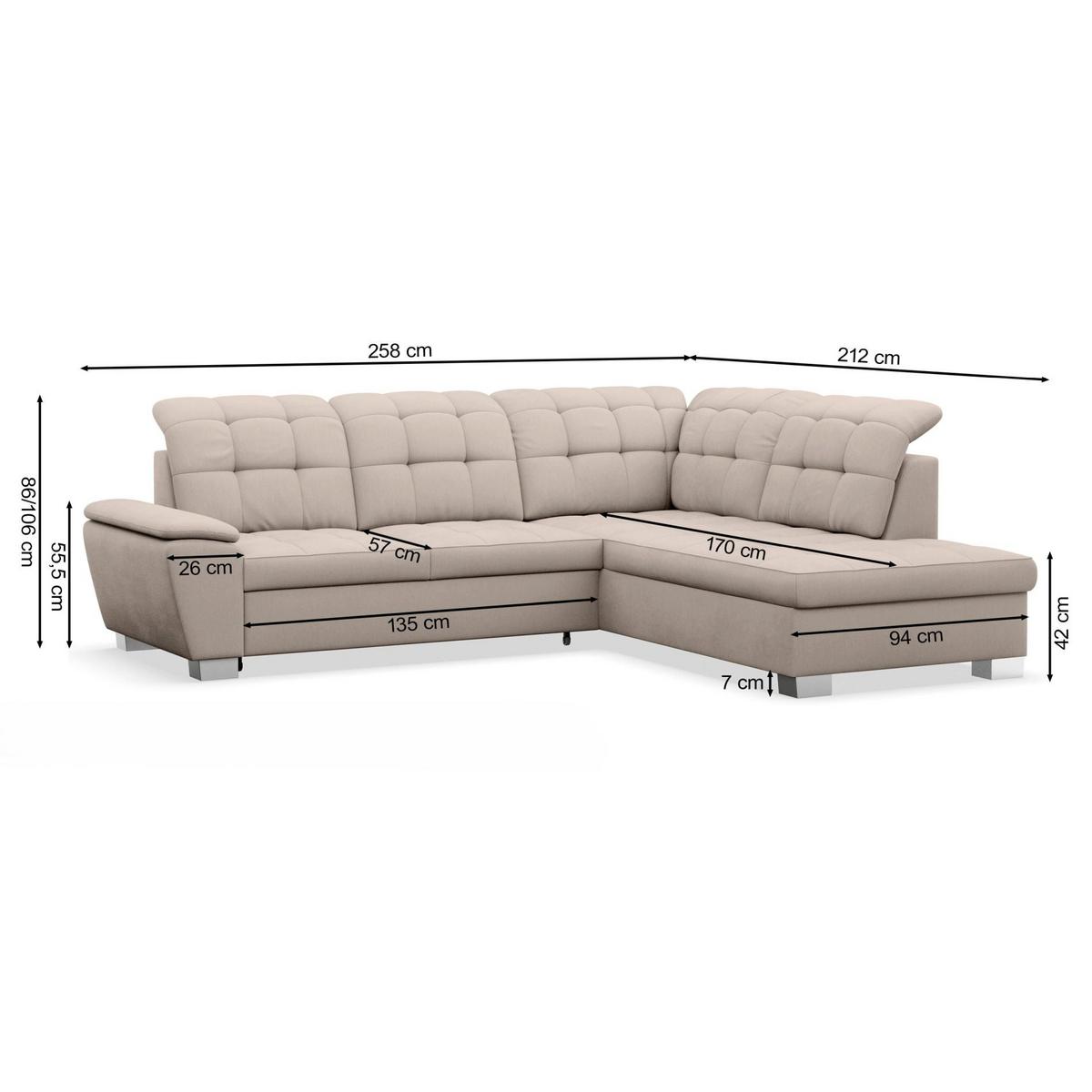 ECKSOFA Jamaal Hellgrau rechtsseitig - Hellgrau/Schwarz, Textil (212/258cm) - Selsey