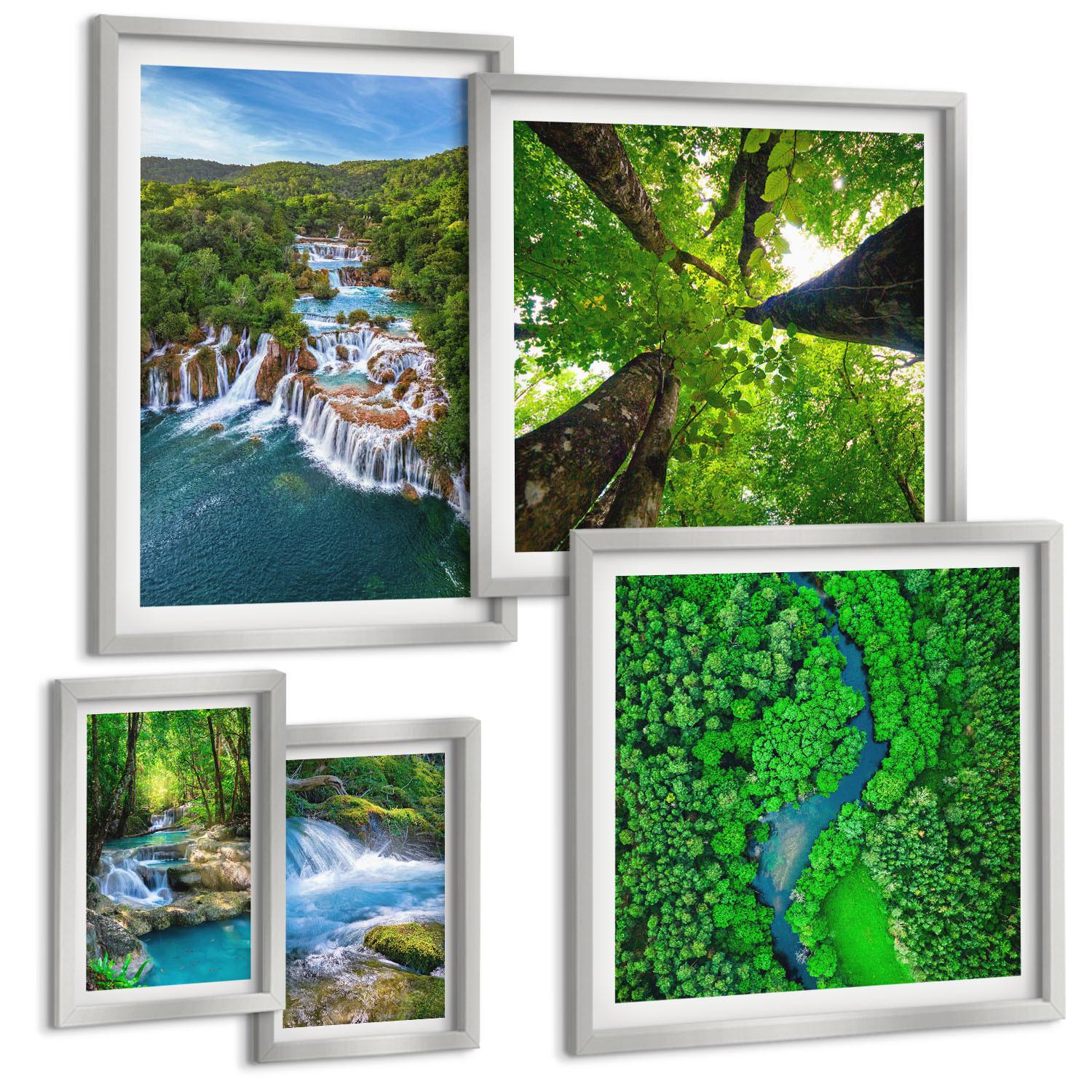 BILDER SET 5er Set - 50x50 cm & 20x30 cm & 40x60 cm Silberner Rahmen - Strandwellen, Himmelsbrücke, Spaziergang - Silberfarben, Kunststoff (40/60cm) - TULUP