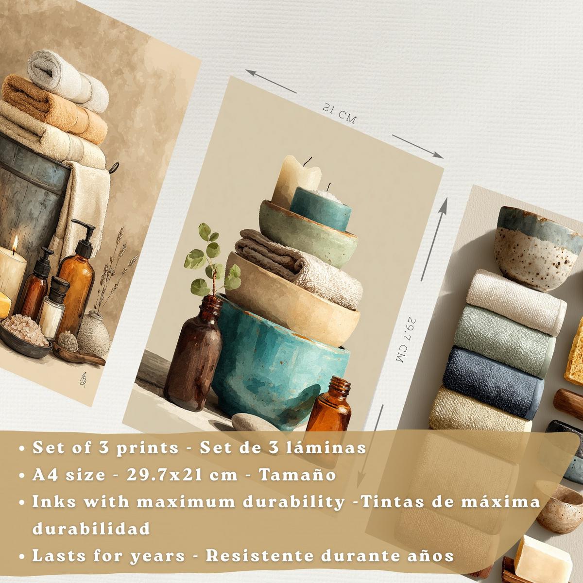 POSTER 3er-Set dekorative Badezimmerbilder im natürlichen Spa-Stil, Motive mit Handtüchern, Kerzen minimalistisches, Leichter Holzrahmen A4 - Beige, Papier (29.7/21/3cm) - Nacnic