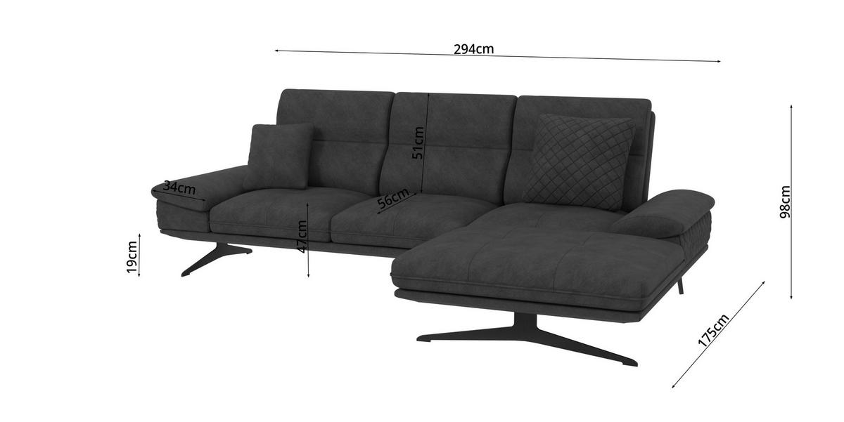 ECKSOFA Loris Schwarz Samt - Ottomane rechts - Schwarz, Holz/Textil (294/175cm) - S-Style