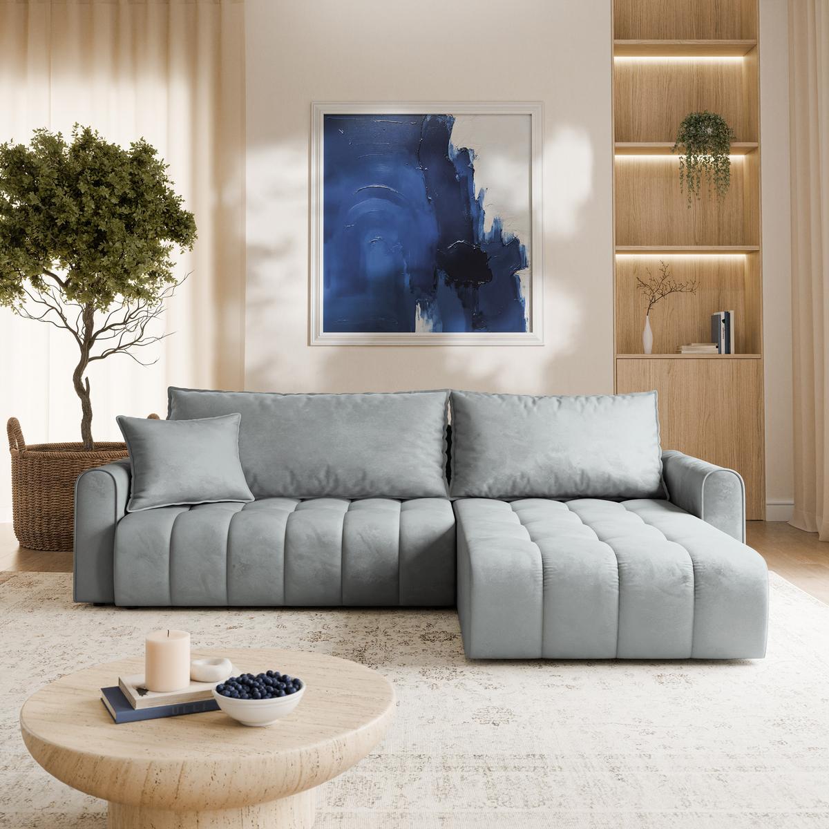 ECKSOFA FRIGA Hellgrau Velours-Stoff mit Schlaffunktion - Hellgrau, Holz (283/185cm) - MASSENO