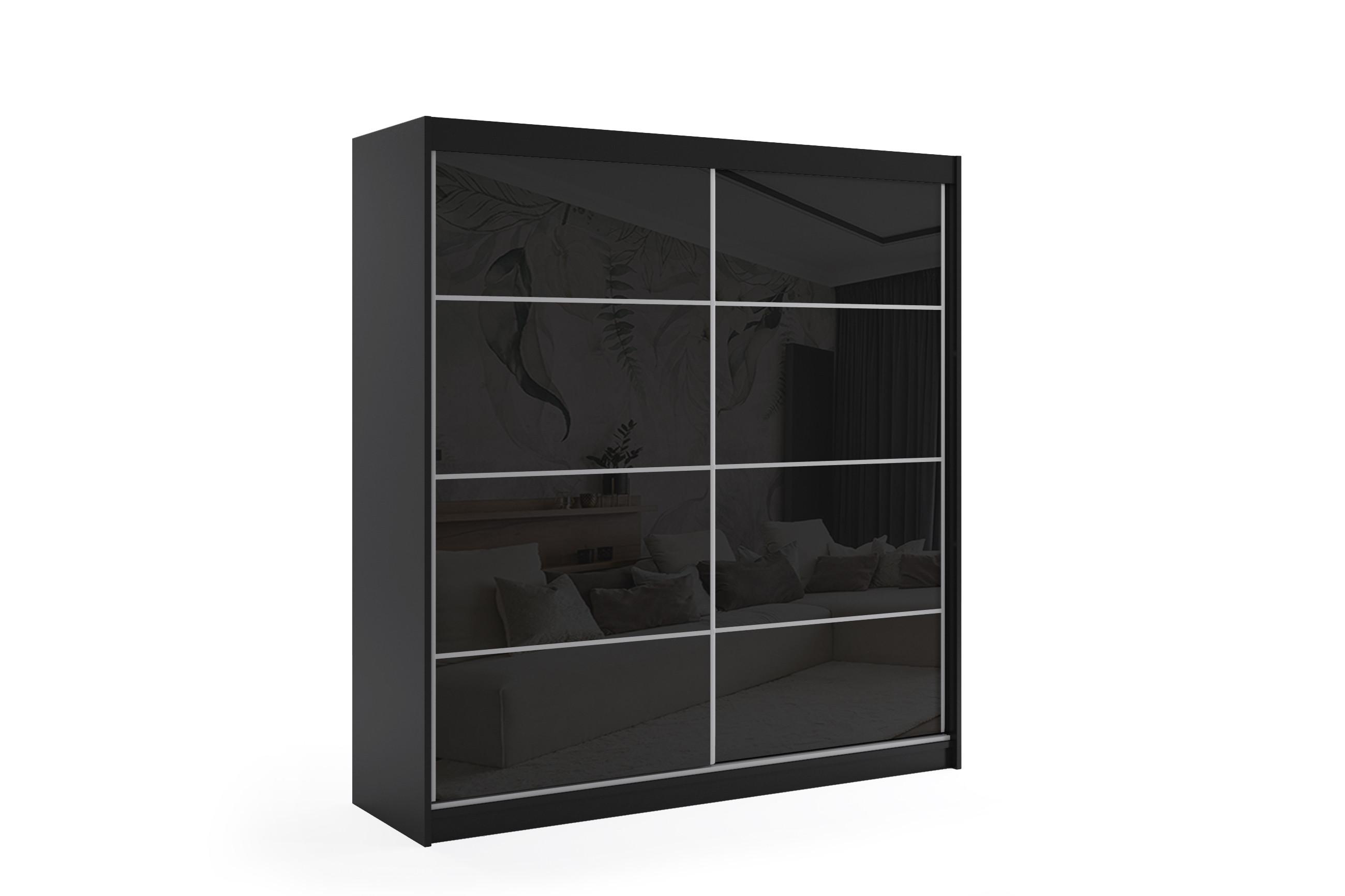 KLEIDERSCHRANK mit Lacobel-Schiebetüren und Aluminium-Leisten, LED-Beleuchtung - VIVI - 200 cm Schwarz - Schwarz, Holzwerkstoff (120/216/61cm) - ALTDECOR