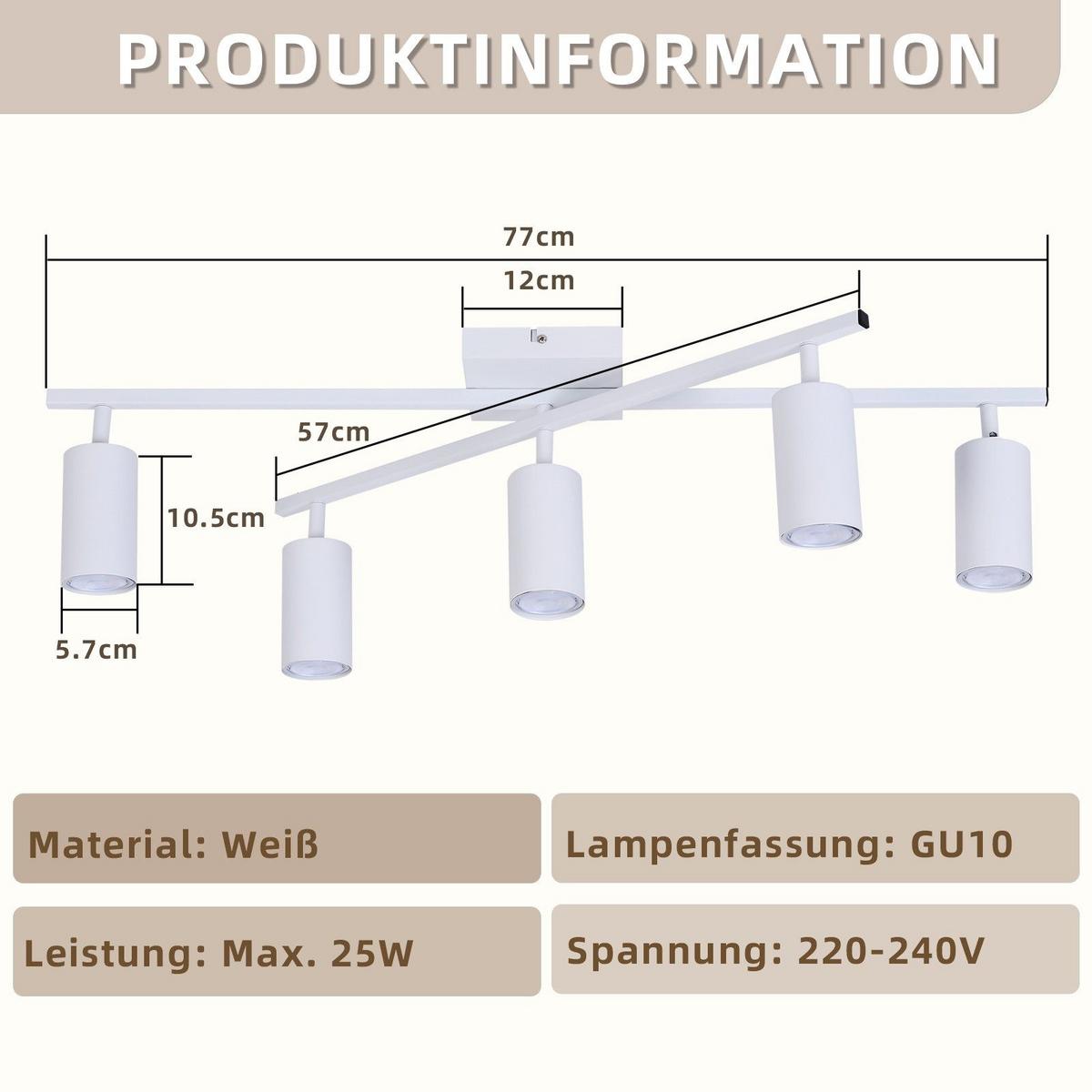 DECKENSTRAHLER Berlinchen 5-flammig 77.5/57.5/21 cm - Weiß, Metall (77.5/57.5/21cm) - Nettlife