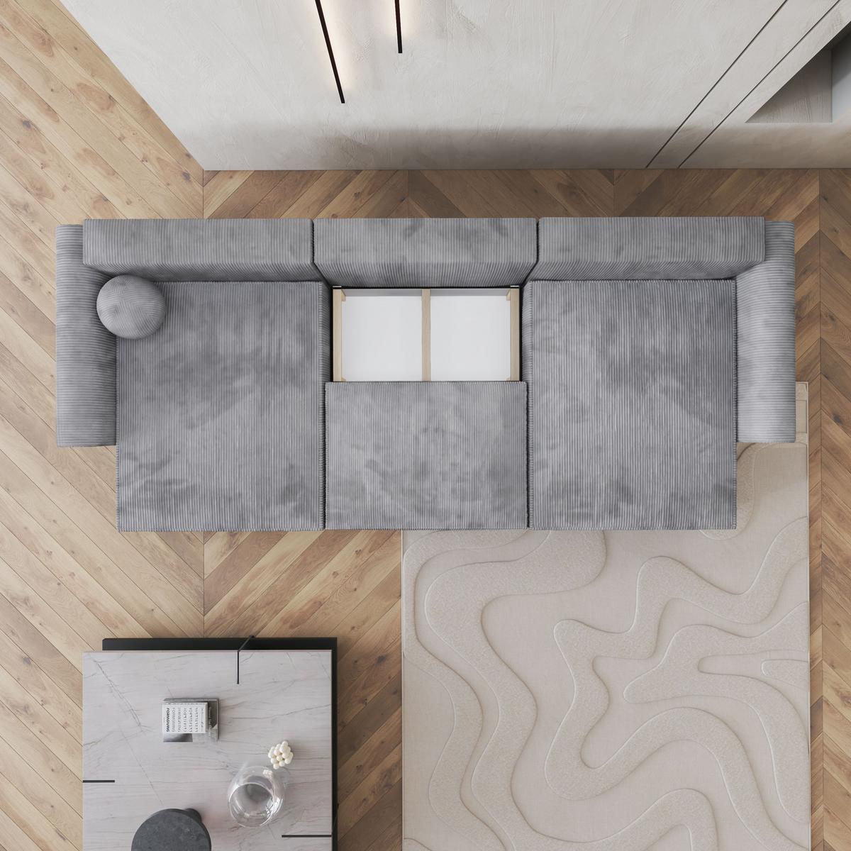 WOHNLANDSCHAFT FENTO P Hellgrau Kordstoff mit Schlaffunktion - Hellgrau/Grau, Holz/Kunststoff (347/90/148cm) - MASSENO